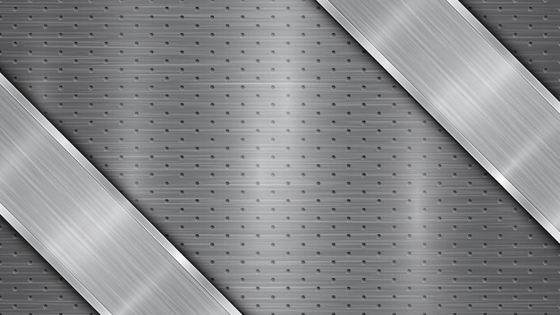 Fondo en colores grises que consta de una superficie metálica perforada con agujeros y una placa pulida con reflejos de textura metálica y bordes brillantes