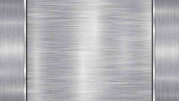 Vector fondo en colores plata y gris que consiste en una superficie metálica brillante y dos placas pulidas verticales ubicadas a izquierda y derecha con una textura metálica que brilla y bordes bruñidos