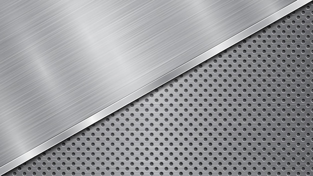 Fondo en colores plata y gris que consiste en una superficie metálica perforada con agujeros y una gran placa pulida ubicada en diagonal con una textura metálica que brilla y un borde brillante