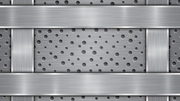 Vector fondo en colores plata y gris que consiste en una superficie metálica perforada con agujeros y placas pulidas verticales y horizontales ubicadas en cuatro lados con textura metálica y bordes brillantes
