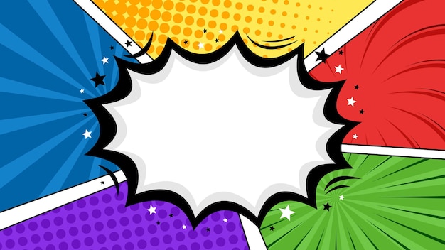 Fondo colorido del arte pop cómico con bocadillo en blanco