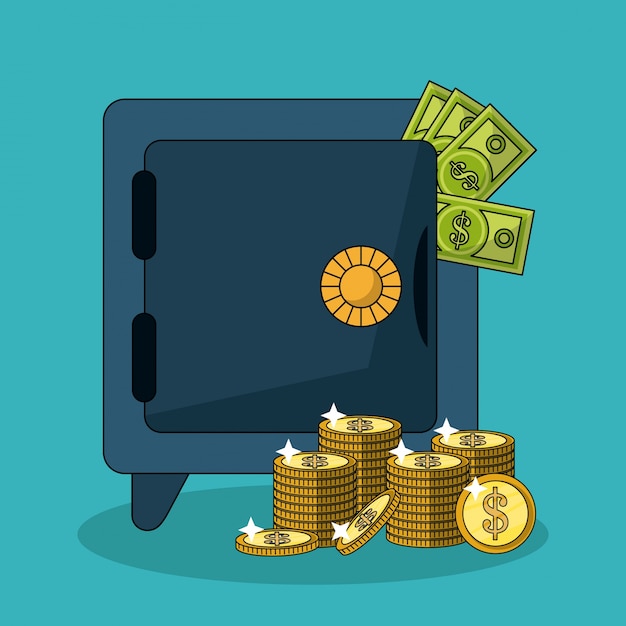 Fondo colorido con caja fuerte y billetes de dinero y monedas apiladas