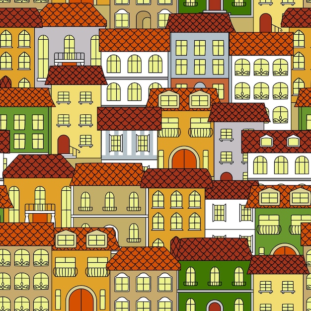 Fondo colorido de casas antiguas para uso de diseño de temas de arquitectura y viajes con patrón retro sin costuras de paisaje urbano con edificios antiguos de varios colores vivos