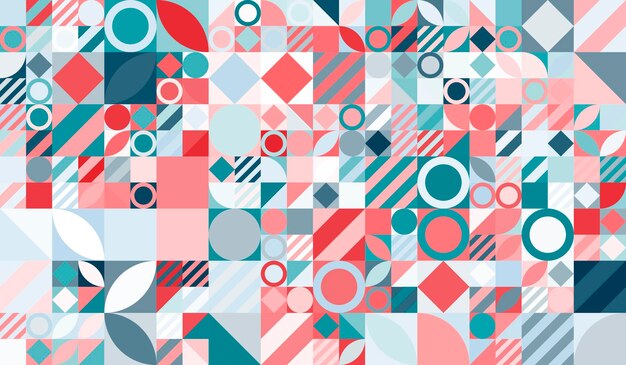 Un fondo colorido con círculos y un cuadrado rojo y azul.