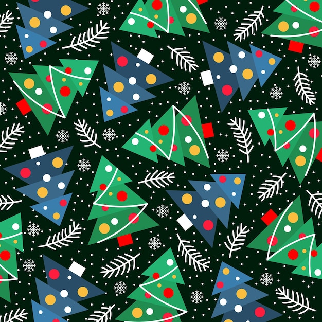 Fondo colorido festivo decorativo con árboles de Navidad y copos de nieve