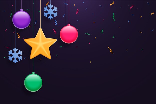 Fondo colorido festivo de Navidad de Año Nuevo con cintas de confeti de juguetes y una estrella.