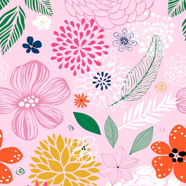 un fondo colorido con flores, hojas y una mariposa