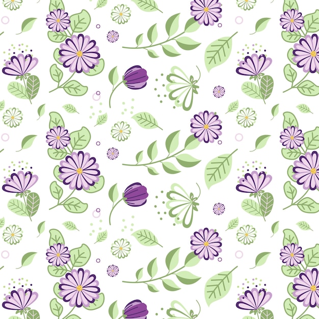 Vector un fondo colorido con flores púrpuras y hojas verdes patrón sin costuras