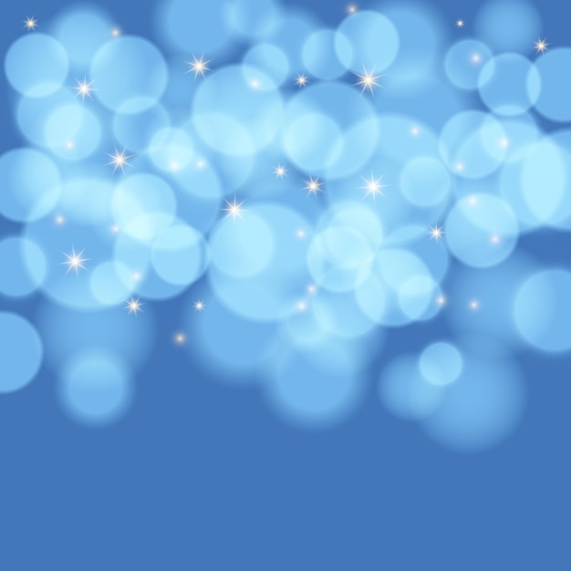 Fondo colorido con luces bokeh, estrellas y destello de lente. Ilustración vectorial.