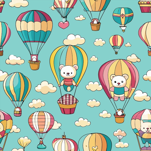 un fondo colorido con un montón de globos de aire caliente y un oso de peluche