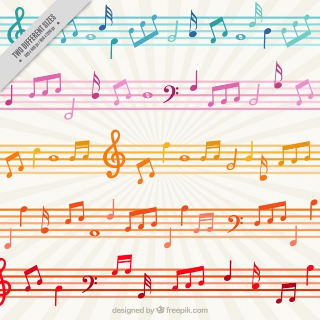 Fondo colorido con notas musicales y pentagramas