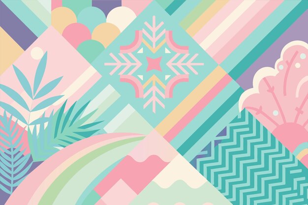 un fondo colorido con una palmera y una escena de la playa