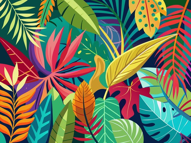 Vector un fondo colorido con una planta tropical colorida y un pájaro