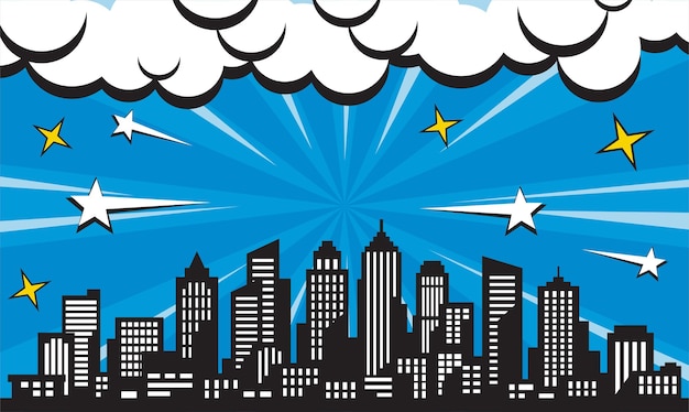 Fondo de cómic de arte pop con silueta de ciudad y fondo de estilo cómic plano de ilustración de nube