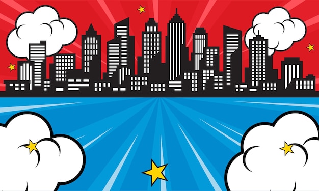 Fondo de cómic de arte pop con silueta de ciudad y fondo de estilo cómic plano de ilustración de nube