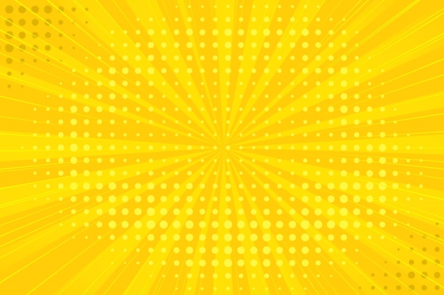 Fondo cómico amarillo con estallido de sol y punto de medio tono