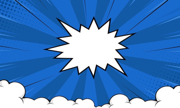 Fondo cómico de arte pop con nubes y estrellas Ilustración vectorial de dibujos animados en azul