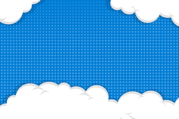 Fondo cómico de arte pop con nubes y semitonos de puntos Ilustración vectorial de dibujos animados en azul