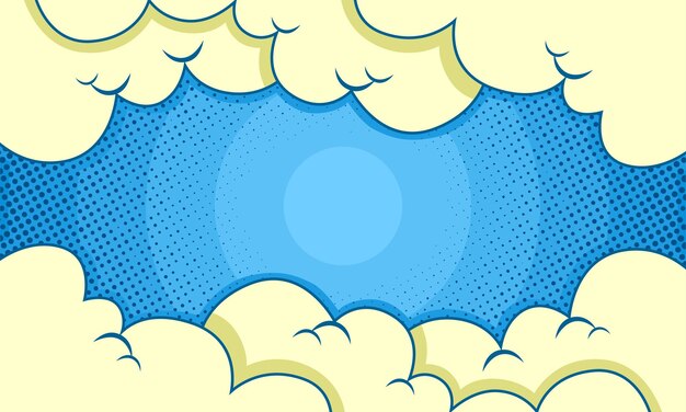 Fondo cómico de arte pop con semitono de nubes y puntos en azul