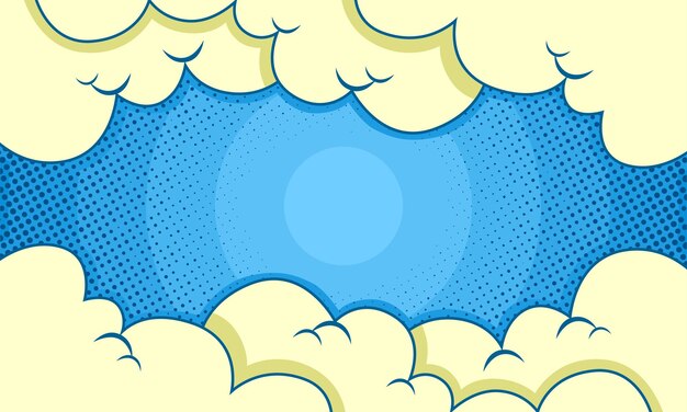 Vector fondo cómico de arte pop con semitono de nubes y puntos en azul