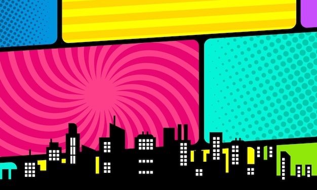 Fondo cómico colorido con silueta de ciudad