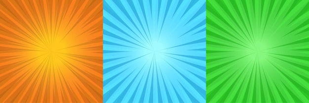 Fondo cómico con efecto de rayos de sol conjunto de colección de tres colores
