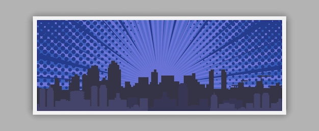 Vector fondo cómico del paisaje urbano nocturno con rayos radiales azules oscuros de la ciudad y efectos de medios tonos ilustración vectorial