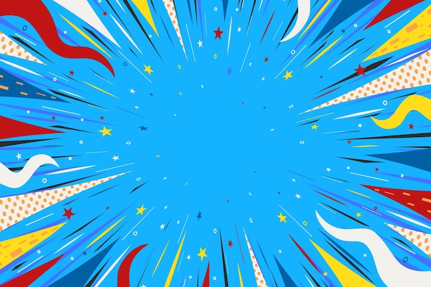 Fondo de cómics a color pop art estilo moderno creativo y colorido de medio tono sobre fondo azul