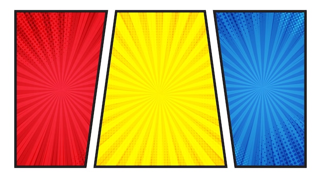 Fondo de cómics en rayos rojos, amarillos y azules Fondo de plantilla en blanco