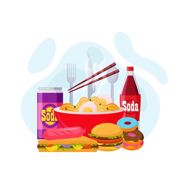 Fondo de comida chatarra, ilustración vectorial de alimentos