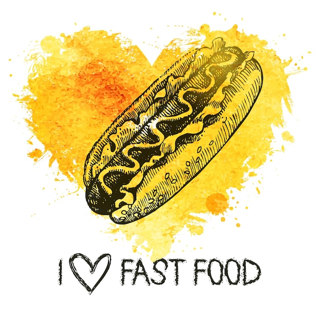 Fondo de comida rápida con corazón de acuarela splash. ilustración de boceto dibujado a mano. diseño de menú