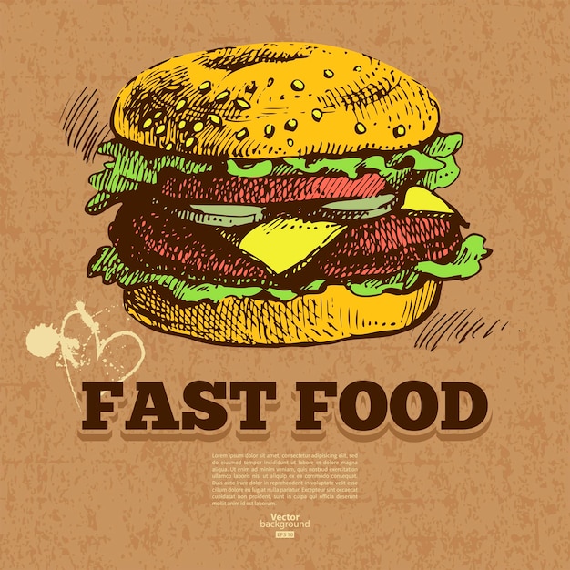 Fondo de comida rápida vintage. Ilustración dibujada a mano. Diseño de menú