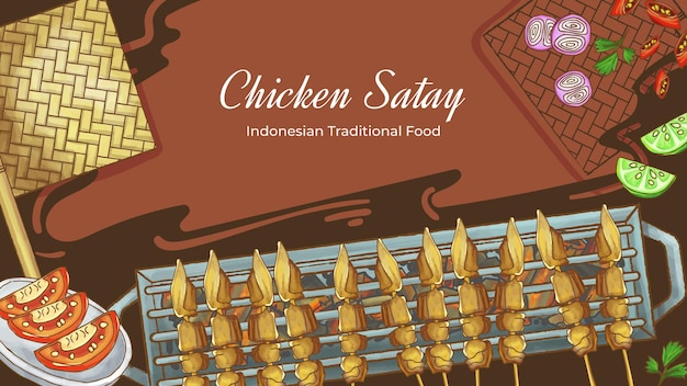 Fondo de comida tradicional indonesia satay de pollo dibujado a mano