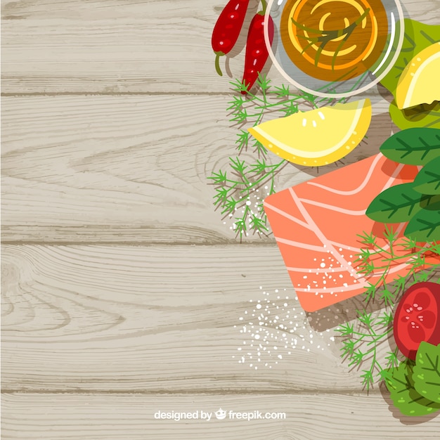 Vector fondo de comida con vegetales y salmón