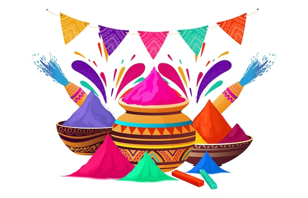 Fondo de composición plana del festival de Holi dibujado a mano con polvo de colores
