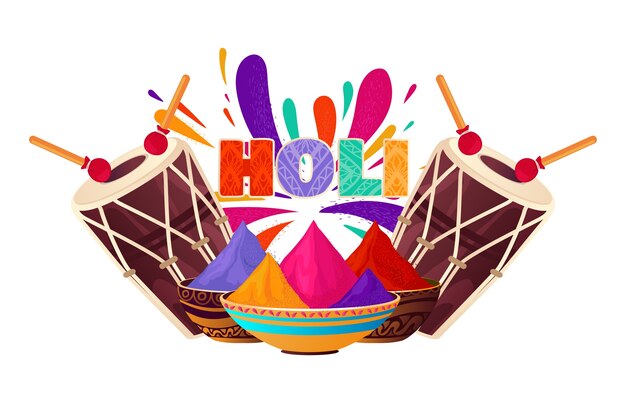 Fondo de composición plana del festival de Holi dibujado a mano con polvo de colores