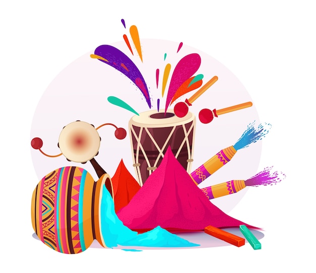 Fondo de composición plana del festival de Holi dibujado a mano con polvo de colores