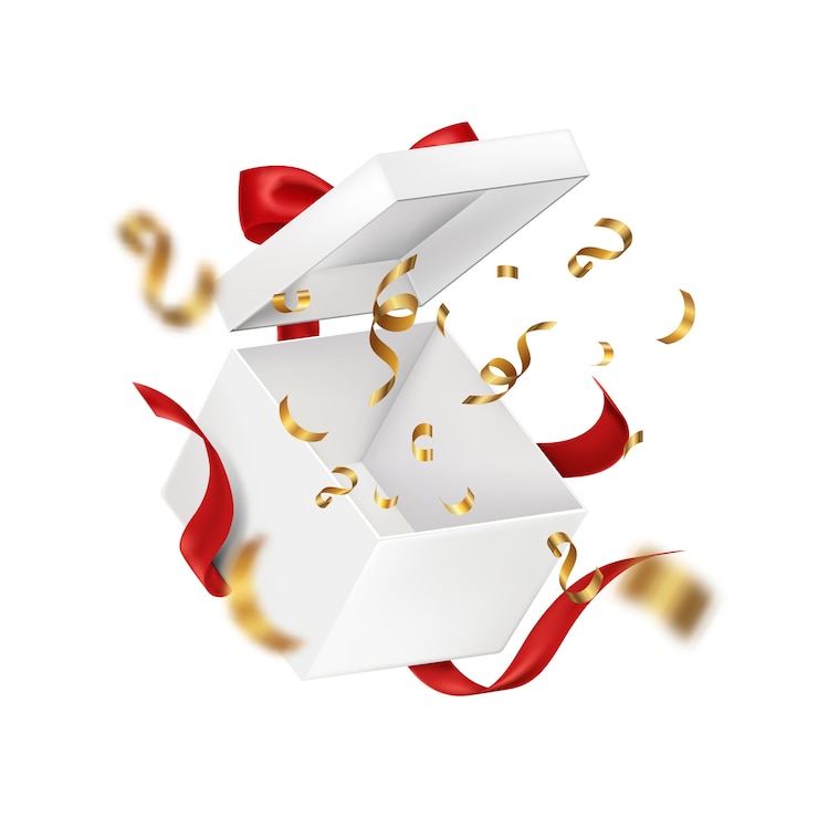 Vector fondo de composición de regalo realista con una caja de regalo abierta con confeti en blanco