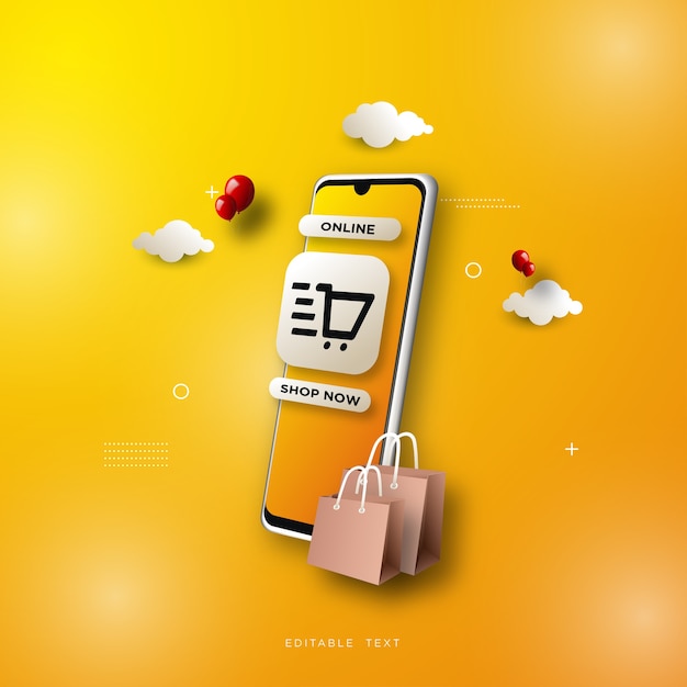 Fondo de compras online, con un smartphone sobre un fondo amarillo.