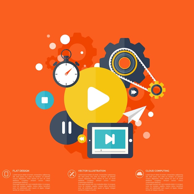 Fondo de computación en nube plana con iconos de medios tecnología de red de almacenamiento de datos contenido multimedia