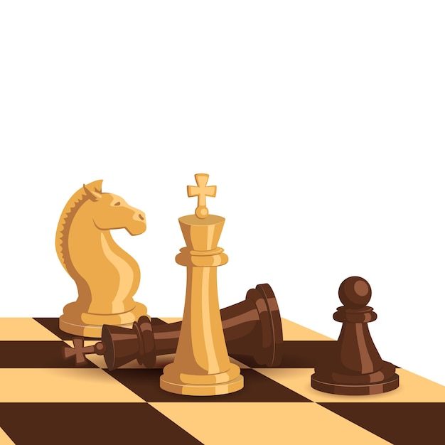 Vector fondo de concepto de ajedrez con figuras de ajedrez blancas y negras de pie en el tablero de juego plantilla vectorial de ilustración de estrategia de competencia de ajedrez.