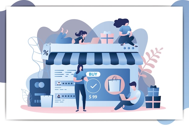 Fondo de concepto de comercio electrónico de tienda en línea Compradores de diferentes personas con dispositivos inteligentes