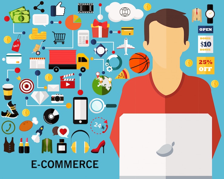Vector fondo del concepto de comercio electrónico