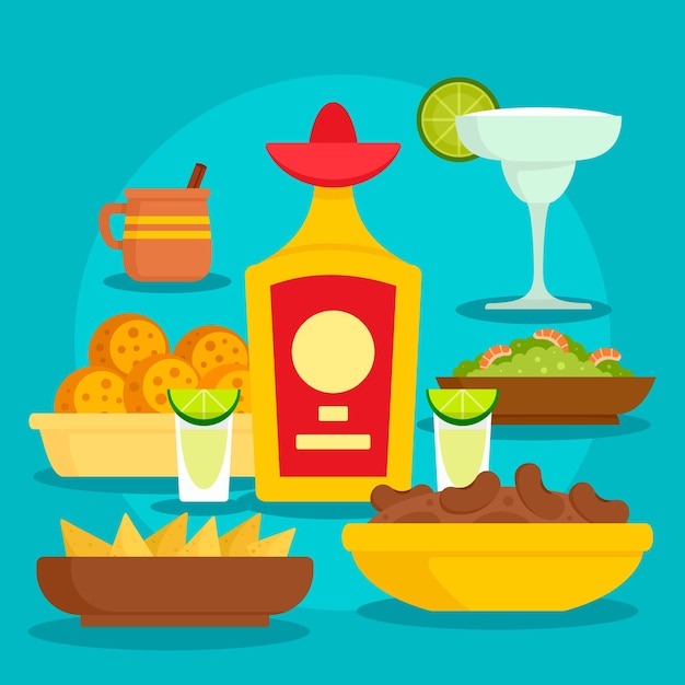 Fondo del concepto de comida de tequila Ilustración plana del fondo del concepto de vector de comida de tequila para diseño web
