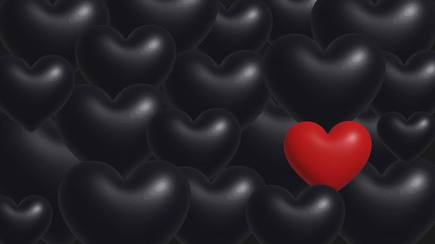 Fondo de concepto de día de San Valentín con corazones negros y corazón rojo. Banner con corazones para cualquier uso.