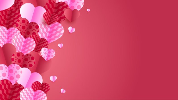 Fondo del concepto del día de San Valentín Ilustración vectorial Corazones de papel rojo y rosa 3d Estilo de corte de papel