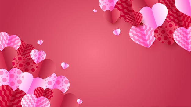 Fondo del concepto del día de San Valentín Ilustración vectorial Corazones de papel rojo y rosa 3d Estilo de corte de papel