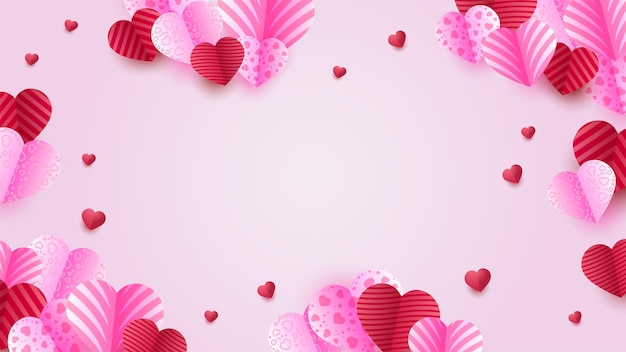 Fondo del concepto del día de San Valentín Ilustración vectorial Corazones de papel rojo y rosa 3d Estilo de corte de papel