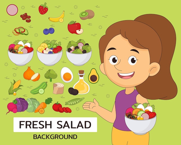 Fondo de concepto de ensalada fresca. Iconos planos.