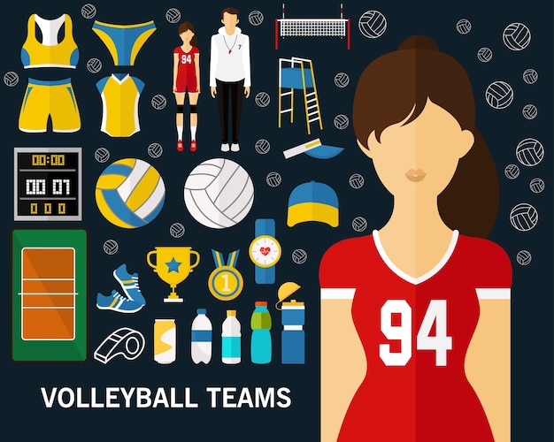 Vector fondo de concepto de equipos de voleibol. iconos planos